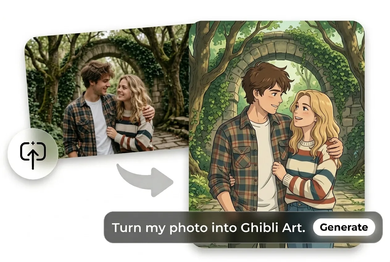 Generador de IA de Ghibli a partir de una foto que muestra a una pareja transformada en una ilustración al estilo de Studio Ghibli.