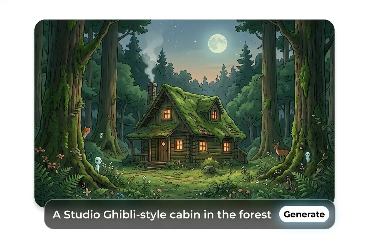 Cabaña al estilo Studio Ghibli en el bosque generada por el generador de IA de Ghibli a partir de una solicitud de texto.