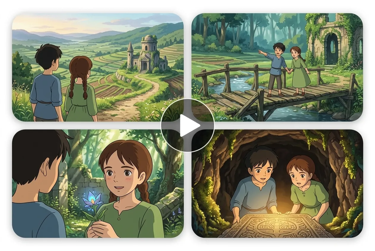 Escenas animadas al estilo Ghibli con personajes y paisajes creados mediante un generador de imágenes a vídeo con IA.