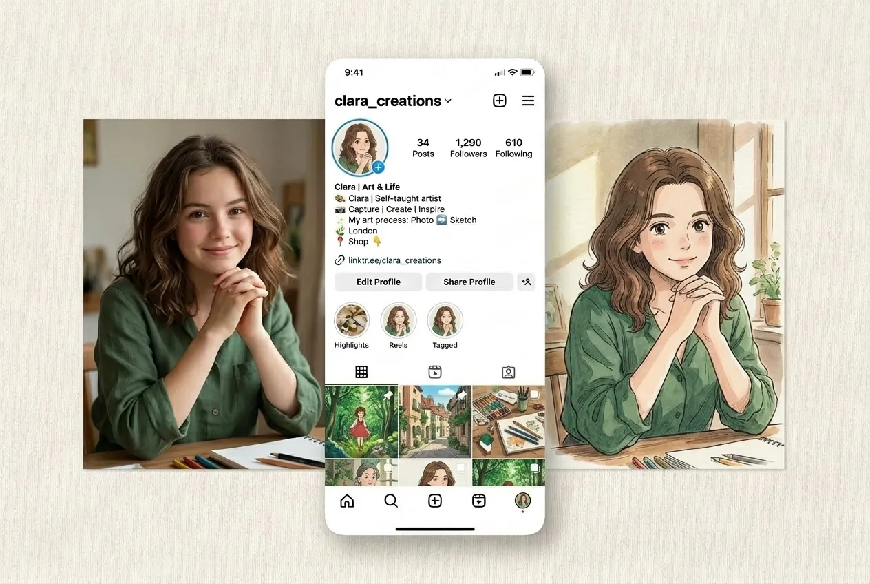 Retrato al estilo Ghibli creado a partir de una foto para perfil de redes sociales usando un generador de imágenes con IA.