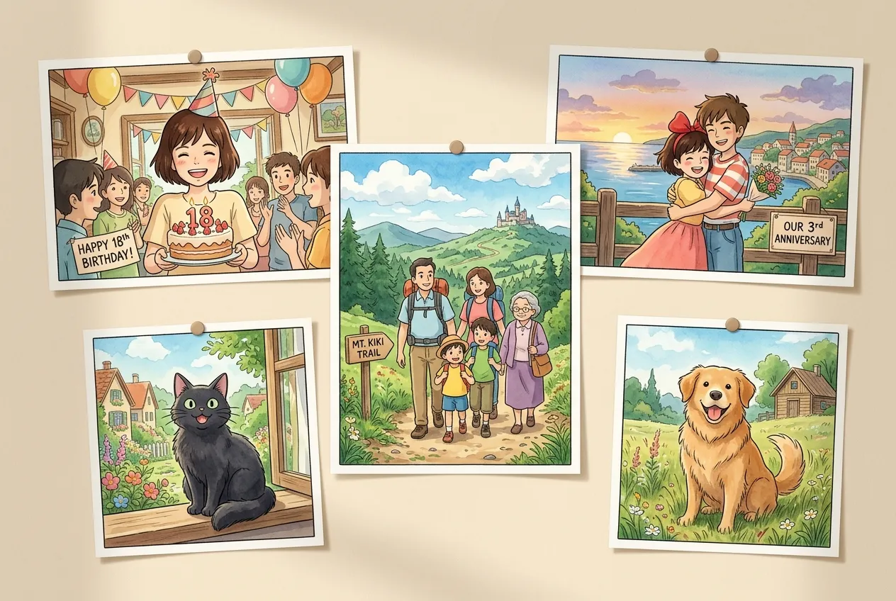 Ilustraciones al estilo Ghibli para recuerdos familiares, mascotas y celebraciones generadas por un generador de arte con IA.