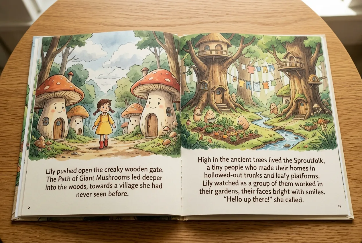 Ilustraciones de cuentos al estilo Ghibli con personajes y escenas de bosques fantásticos creadas con un generador de IA.