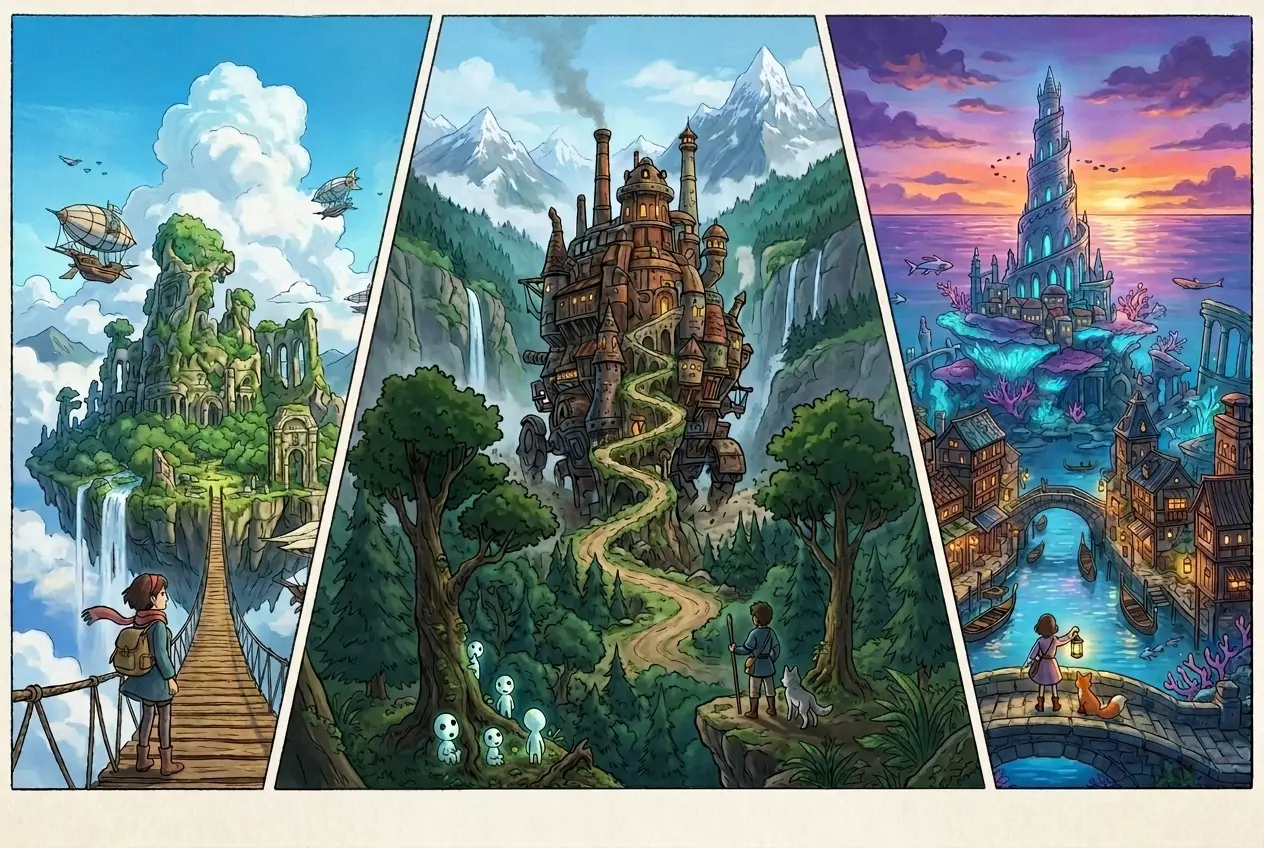 Mundos y paisajes fantásticos al estilo de Studio Ghibli generados por el generador de imágenes de IA de Ghibli