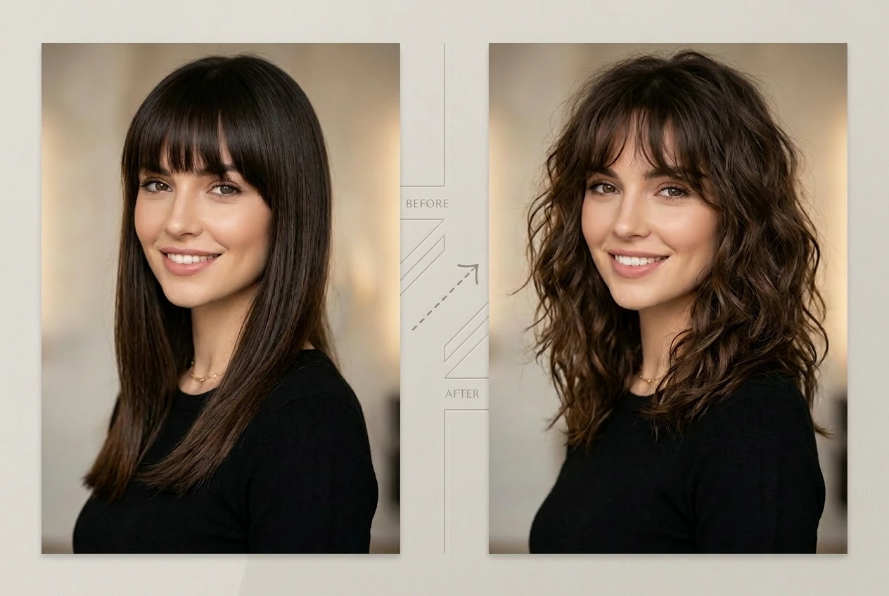 Cambiador de peinados con IA: antes y después, mostrando cómo el cabello liso y oscuro se transforma en suaves rizos hasta los hombros.