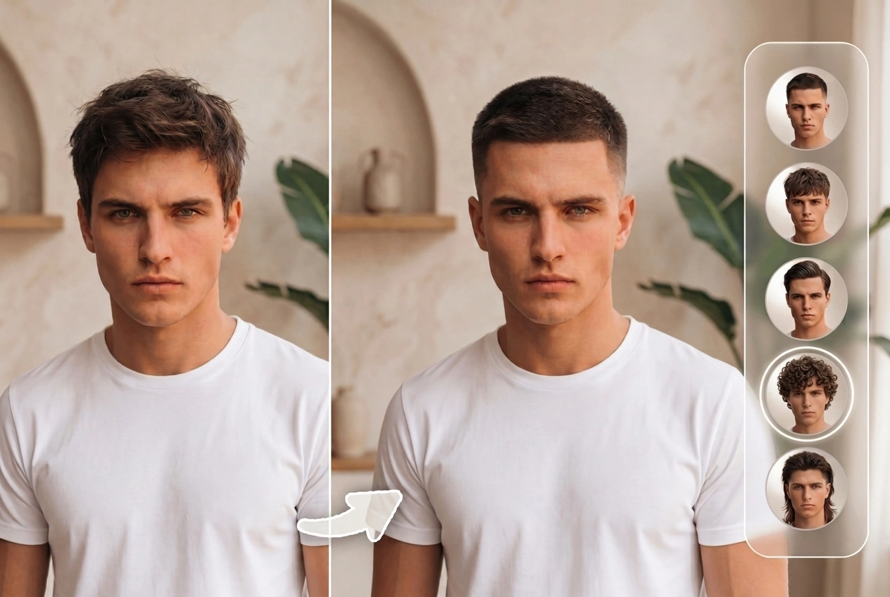 Cambiador de peinados con IA para hombres que muestra la transformación de un corte de pelo corto con múltiples opciones de peinado.