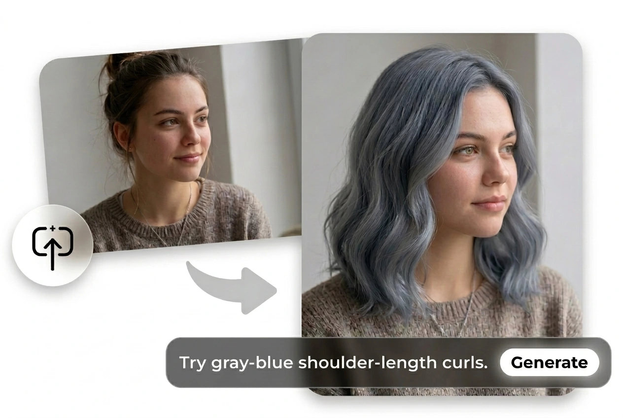 Cambiador de color de cabello con IA a partir de una foto que muestra rizos gris azulados hasta los hombros generados a partir de una selfie.