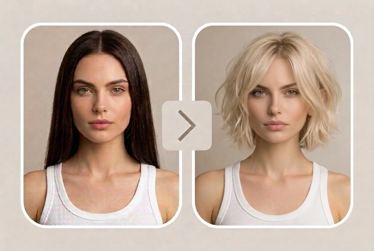 Cambiador de peinado virtual antes y después que muestra cómo el cabello largo y oscuro se transformó en un bob rubio corto.