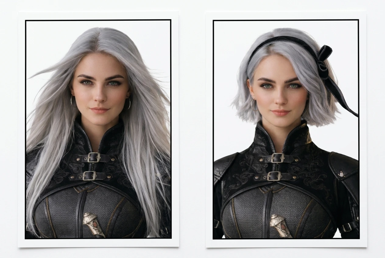 Generación de peinados de personajes mediante IA que muestra cabello largo plateado y un bob corto plateado.