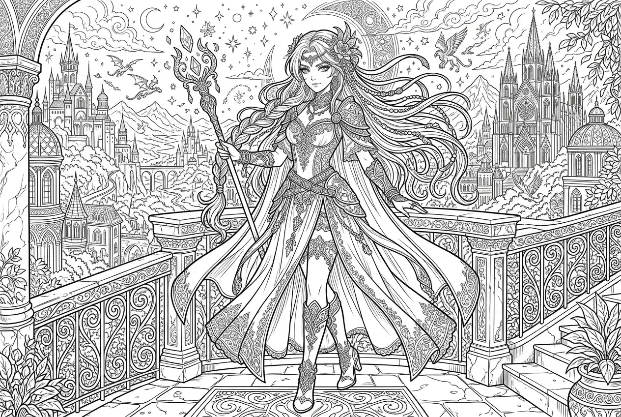 AI coloring page generator creating a detailed fantasy princess coloring page with castle background