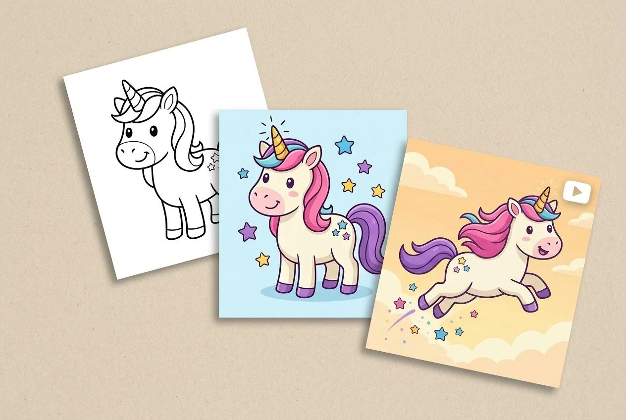 AI coloring page generator turning a unicorn coloring page into a colored illustration and animated scene