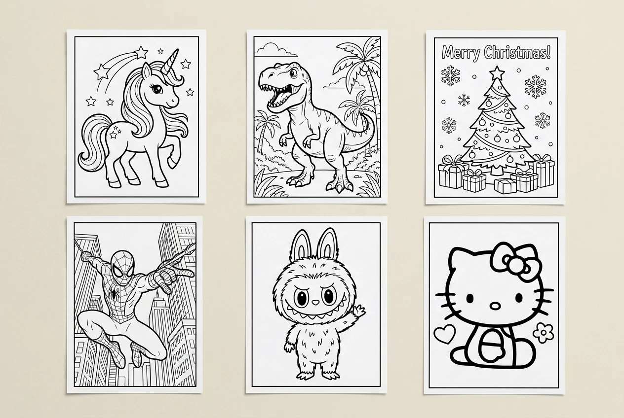 Printable coloring pages created with AI coloring page generator featuring unicorn, dinosaur, Christmas tree, superhero, bunny, and cat