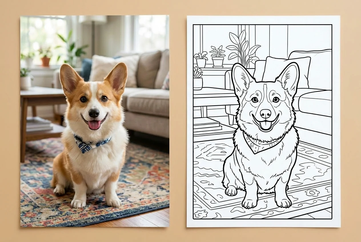 Coloring page from photo created by AI coloring page generator showing a dog portrait turned into line art