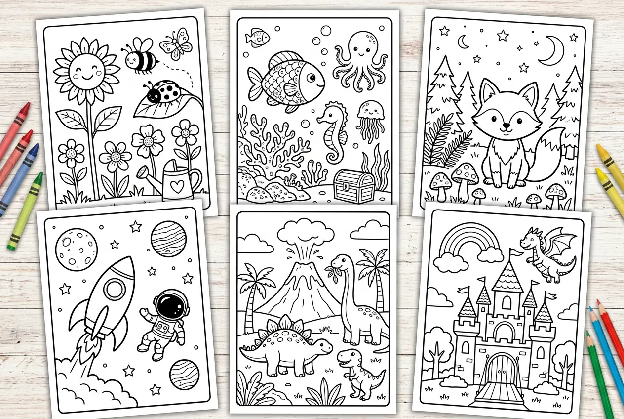 Kids coloring pages generated by AI coloring page generator with flower, ocean, fox, space, dinosaur, and castle themes