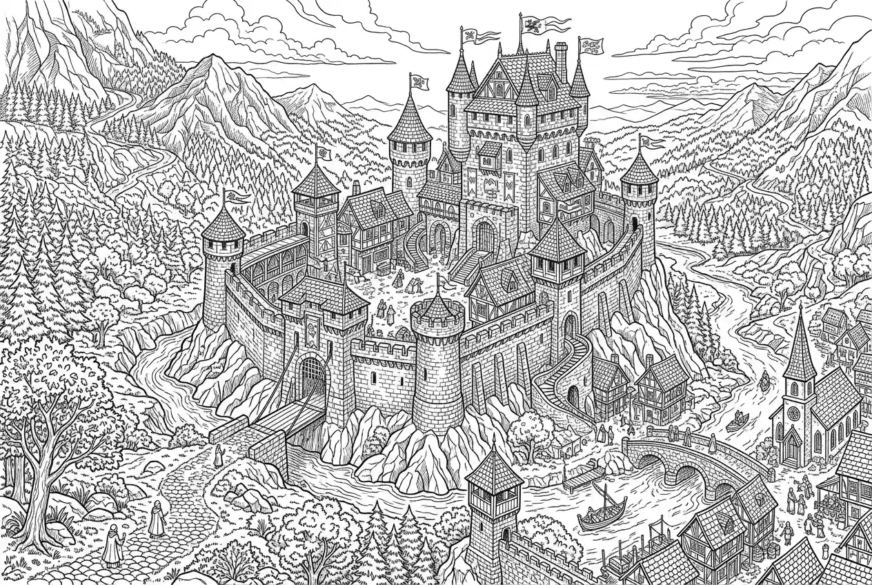 Detailed castle coloring page generated by AI coloring page generator for printable fantasy coloring sheets