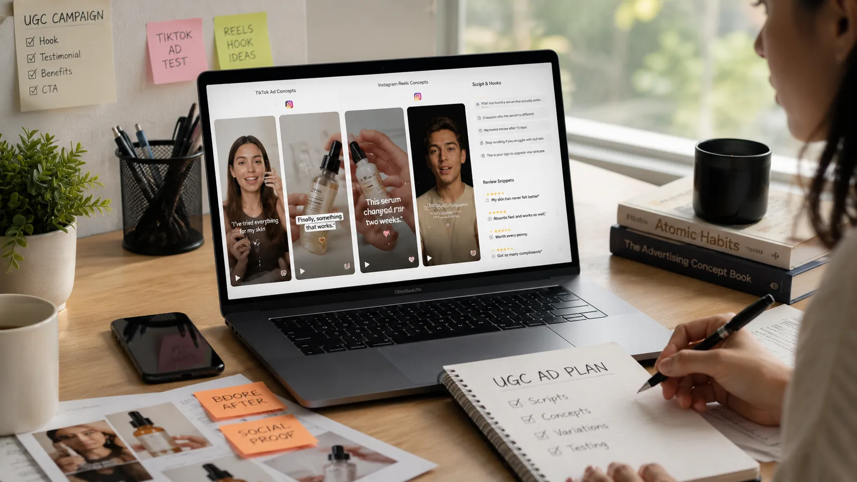 AI UGC ad creation workspace on laptop for ecommerce article