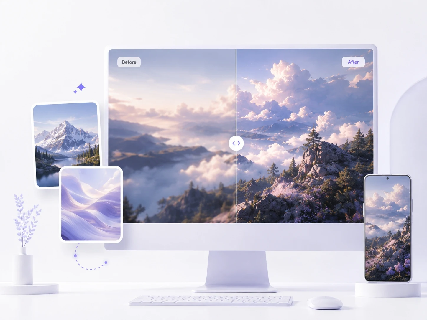 Landscape wallpaper before and after enhancement with Ima Studio AI Image Upscaler