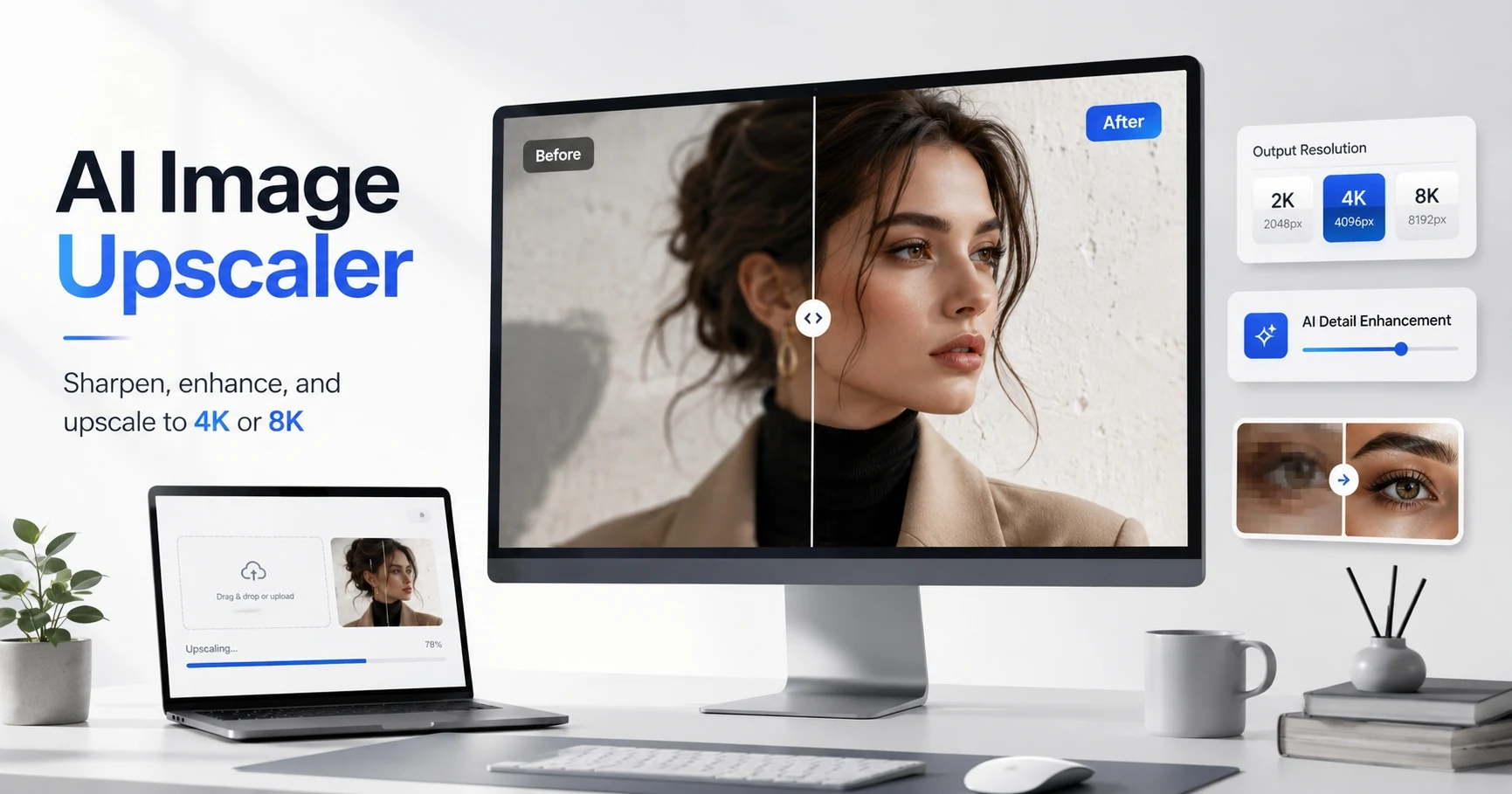AI Image Upscaler before and after detail enhancement with 2K 4K and 8K output options