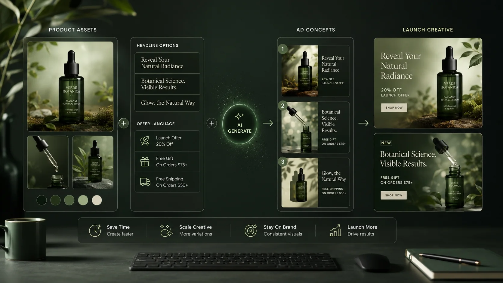 AI product launch ad workflow showing product assets, headline options, ad concepts, and launch creative variations