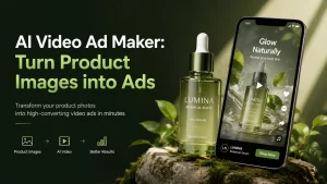 Criador de anúncios em vídeo com IA mostra imagens de produtos transformadas em anúncios em vídeo de alta conversão.