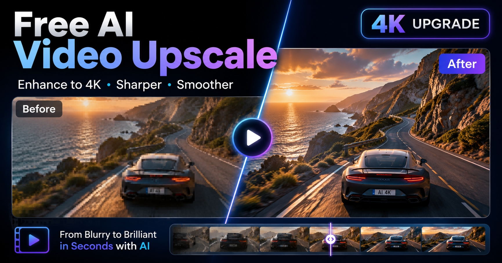 Free AI Video Upscale 4K upgrade before and after video enhancement cover