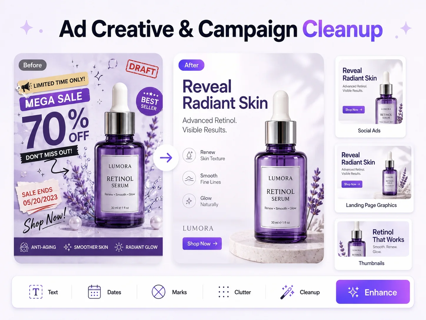 AI object remover for cleaning ad creatives, campaign images, banners, thumbnails, landing page graphics, and social posts