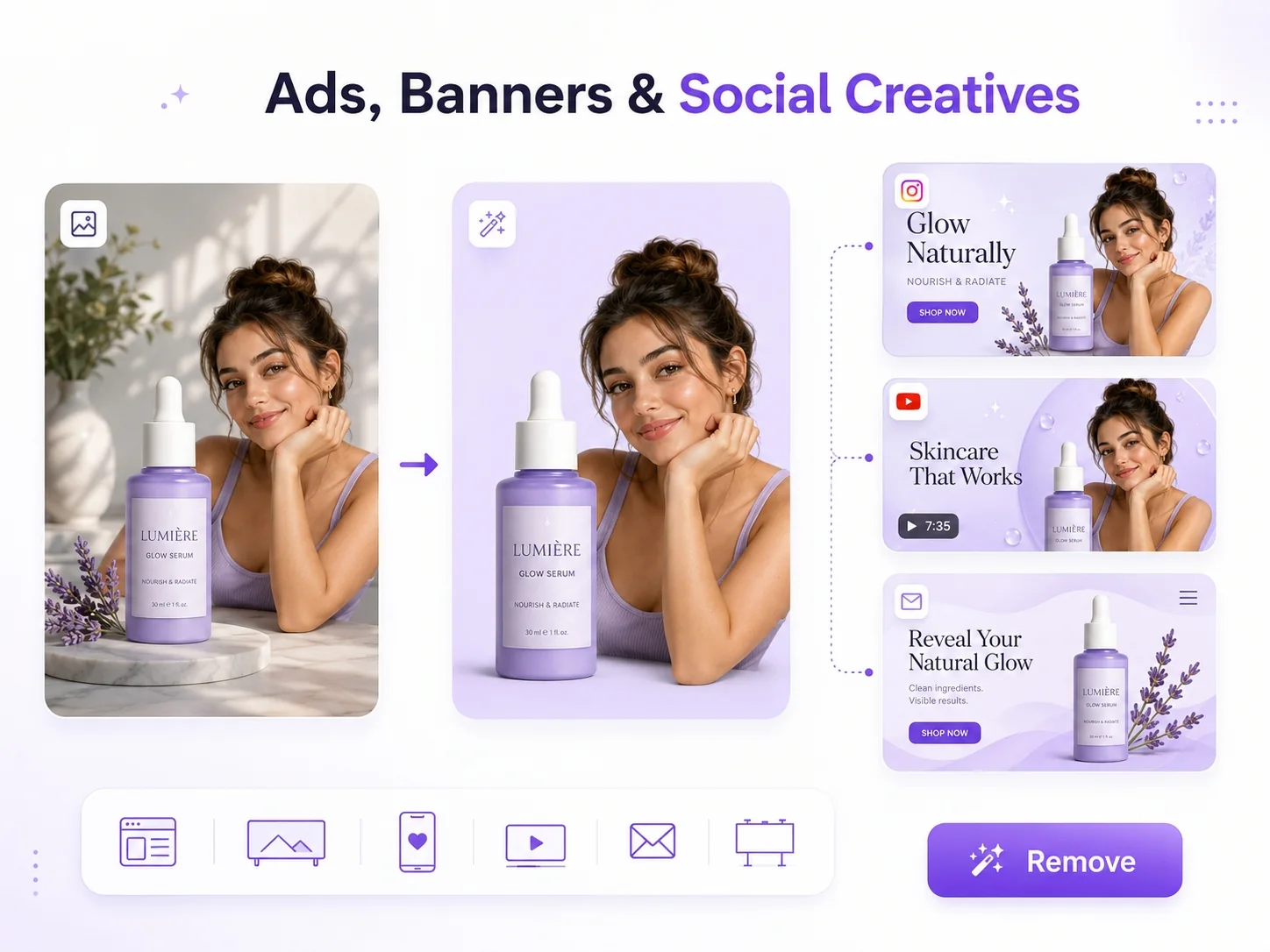 AI background remover for cutting out products, people, props, and objects for Meta ads, TikTok ads, Google display images, landing page graphics, YouTube thumbnails, Instagram posts, email banners, and campaign visuals