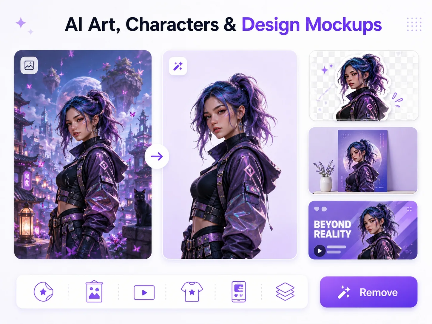 AI background remover for extracting AI-generated characters, products, objects, props, icons, and concept elements for mockups, thumbnails, stickers, posters, social posts, product scenes, and design assets