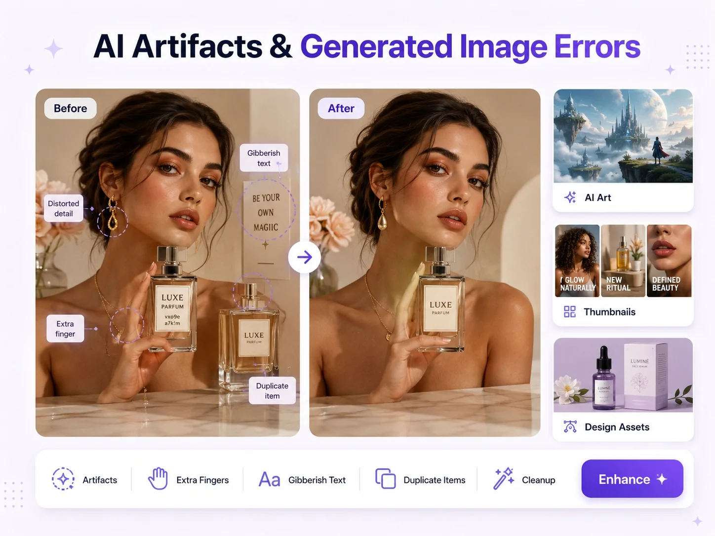 AI object remover for fixing AI artifacts, extra fingers, distorted details, duplicate items, broken shapes, gibberish text, and unwanted characters in generated images