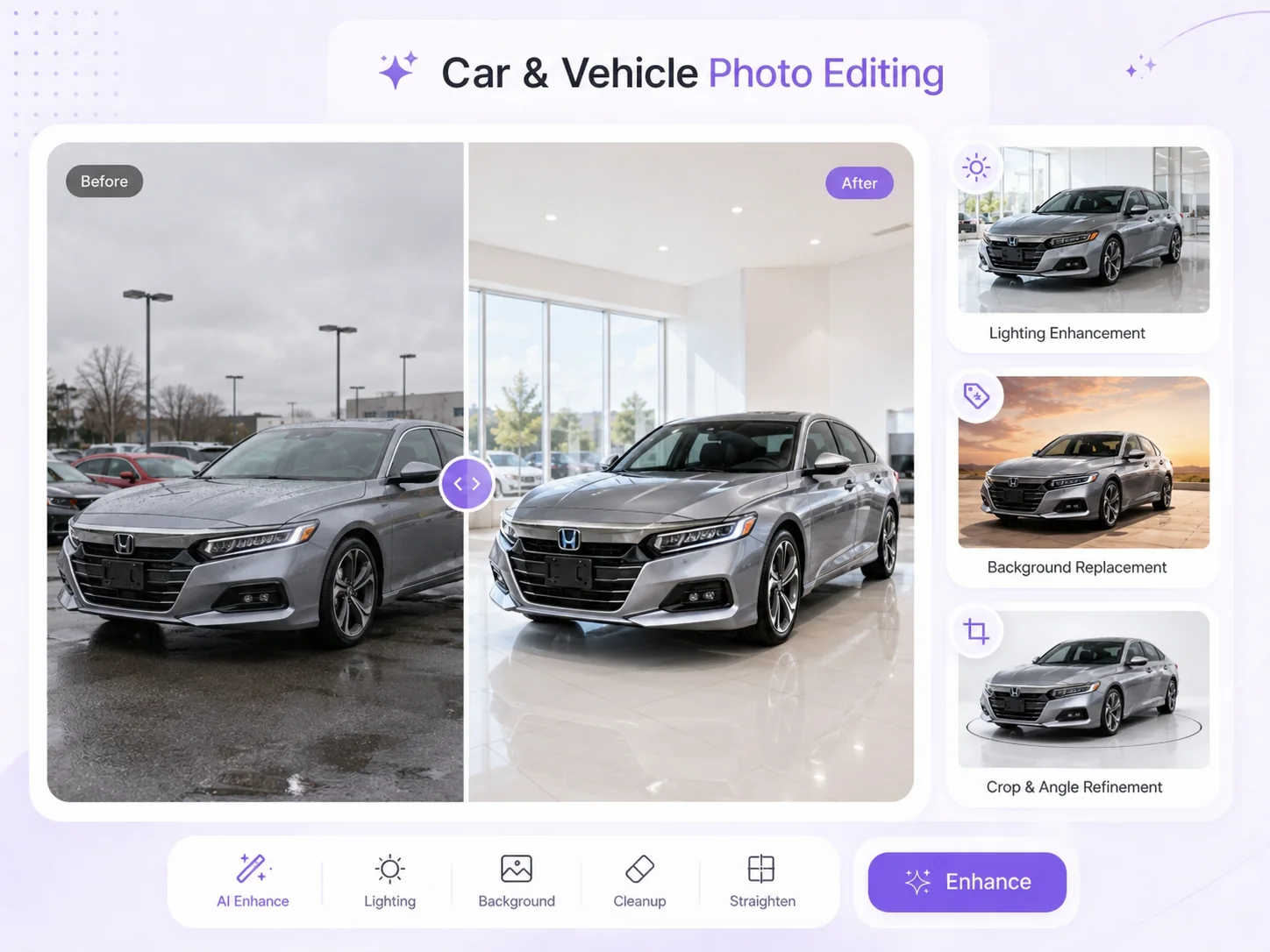 Car and vehicle photo editing with AI for dealership listings and marketplace visuals