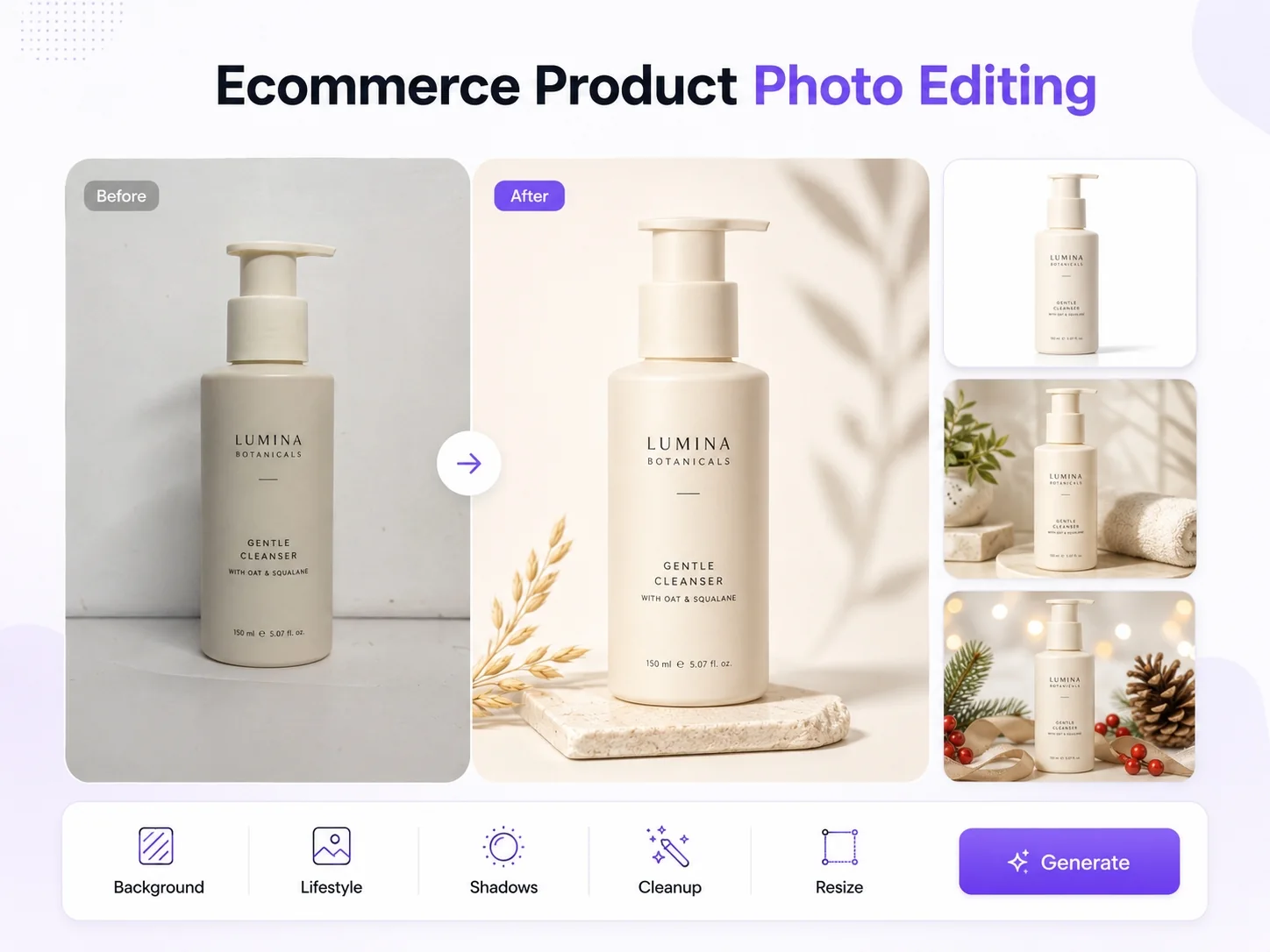 Ecommerce product photo editing with AI for Shopify, Amazon, TikTok Shop, and ads