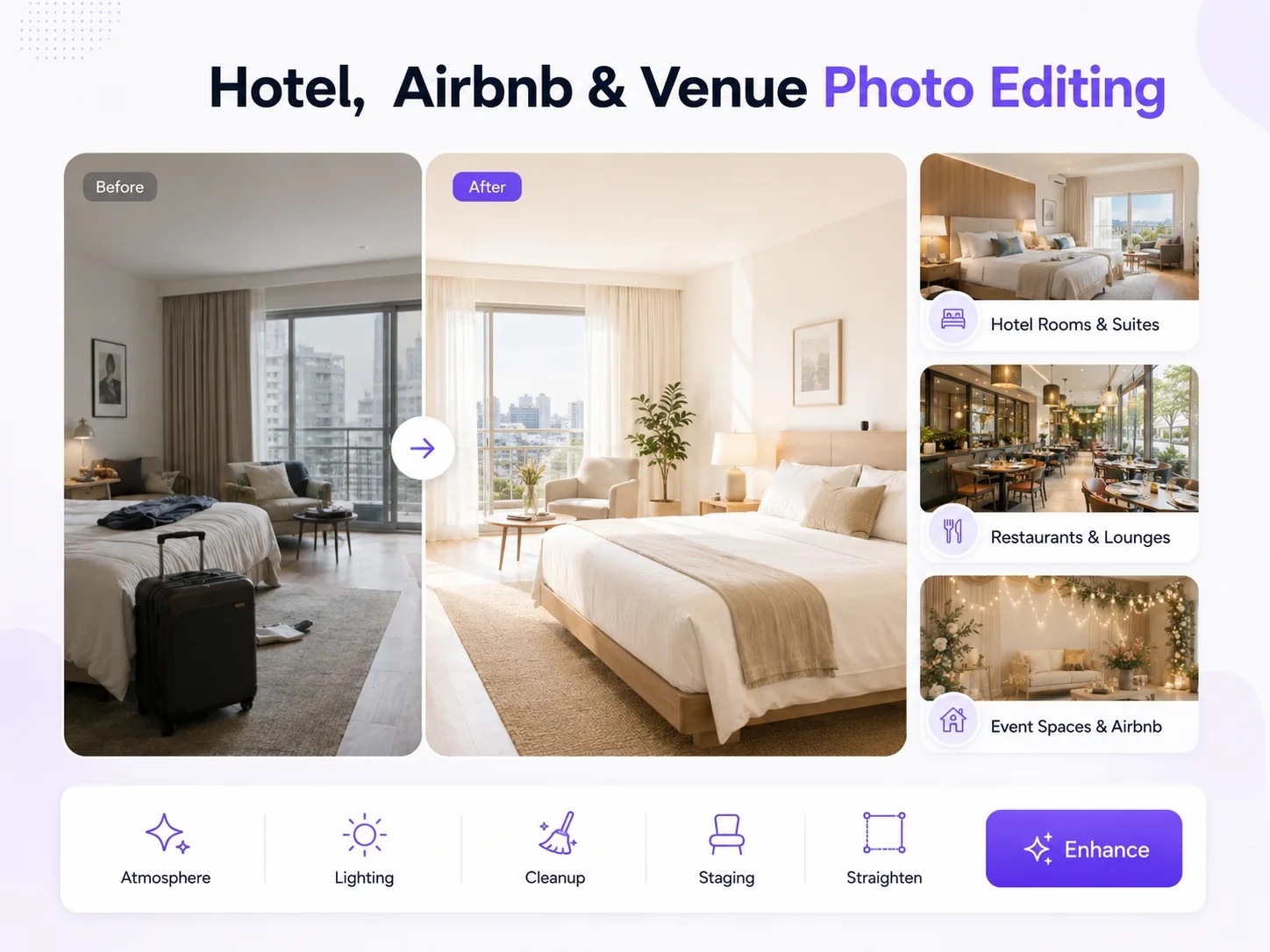 Hotel, Airbnb, and venue photo editing with AI for booking pages, OTA listings, and travel marketing