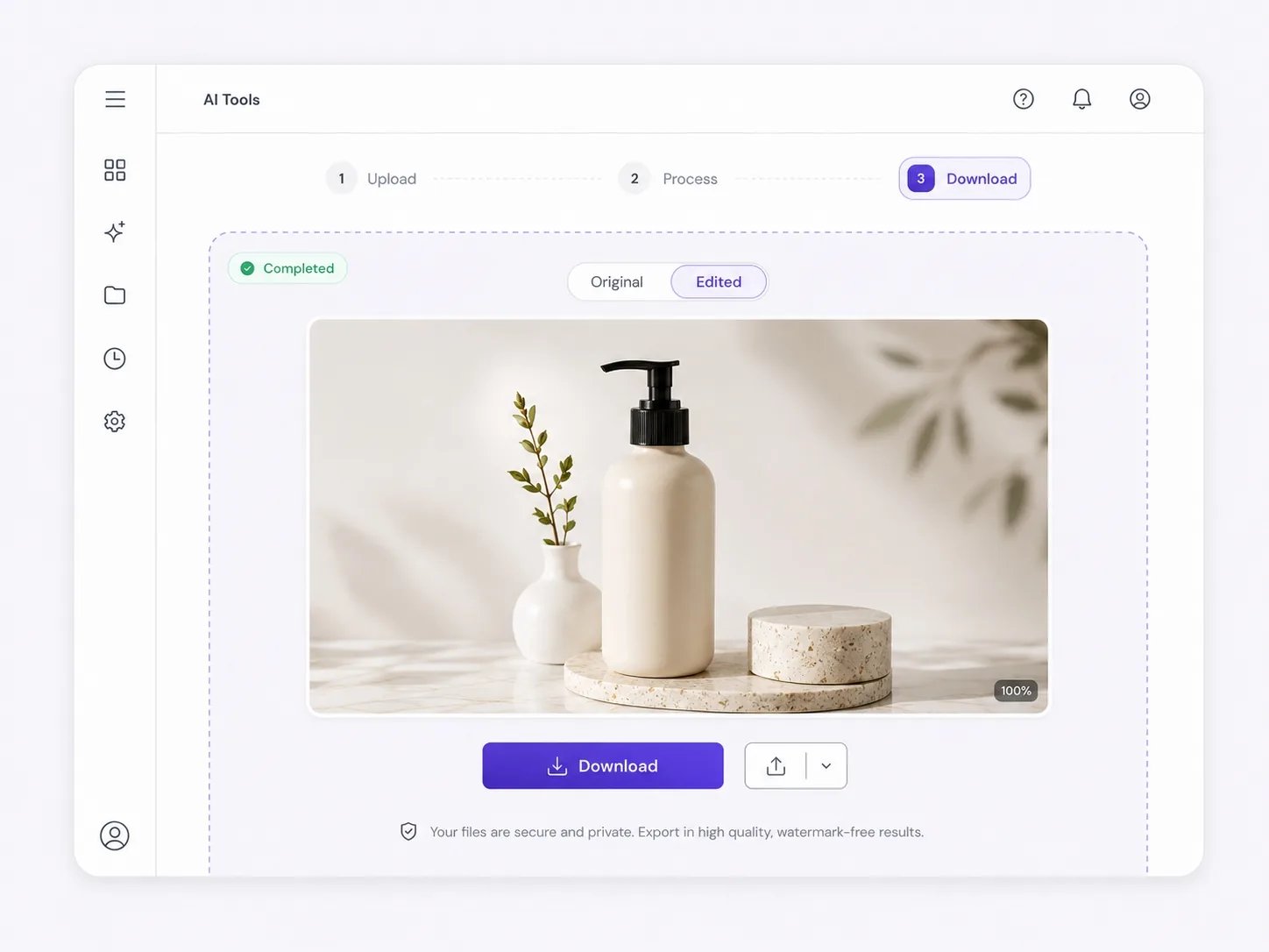 AI tools download step interface for exporting an edited image or video