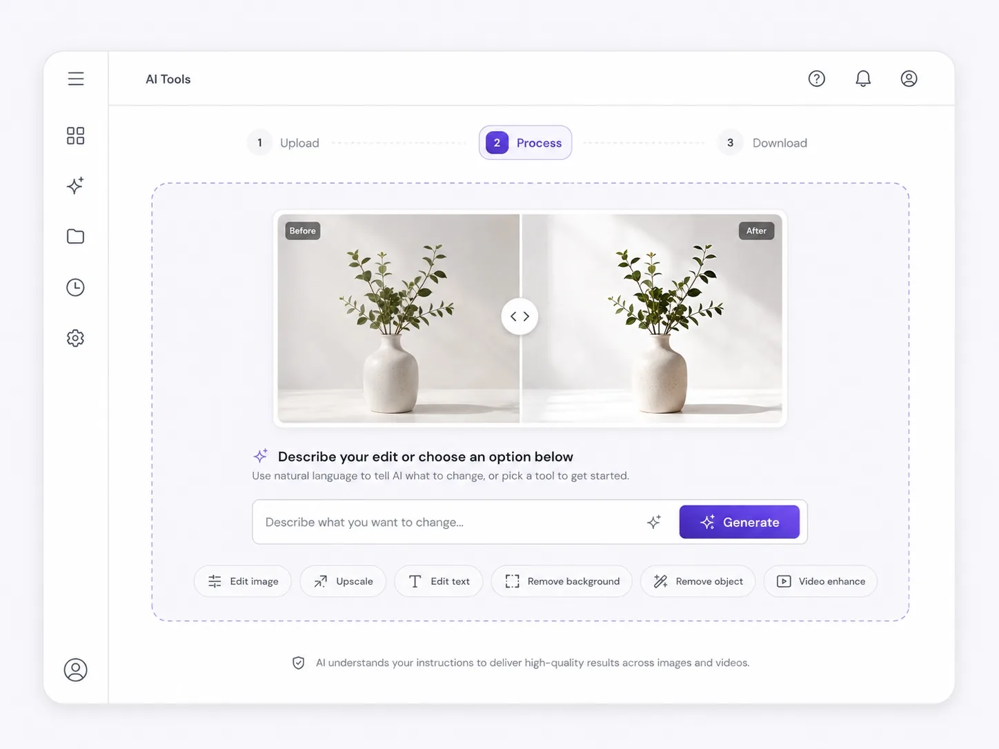 AI tools process step interface for editing images and videos with AI
