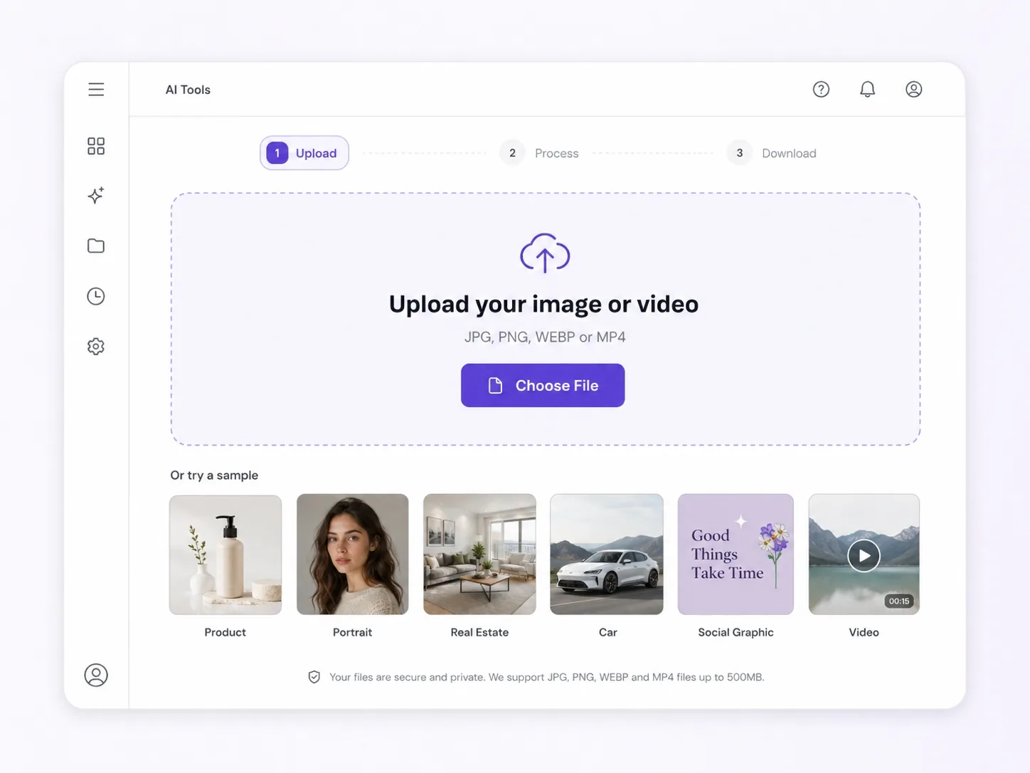 AI tools upload step interface for uploading an image or video