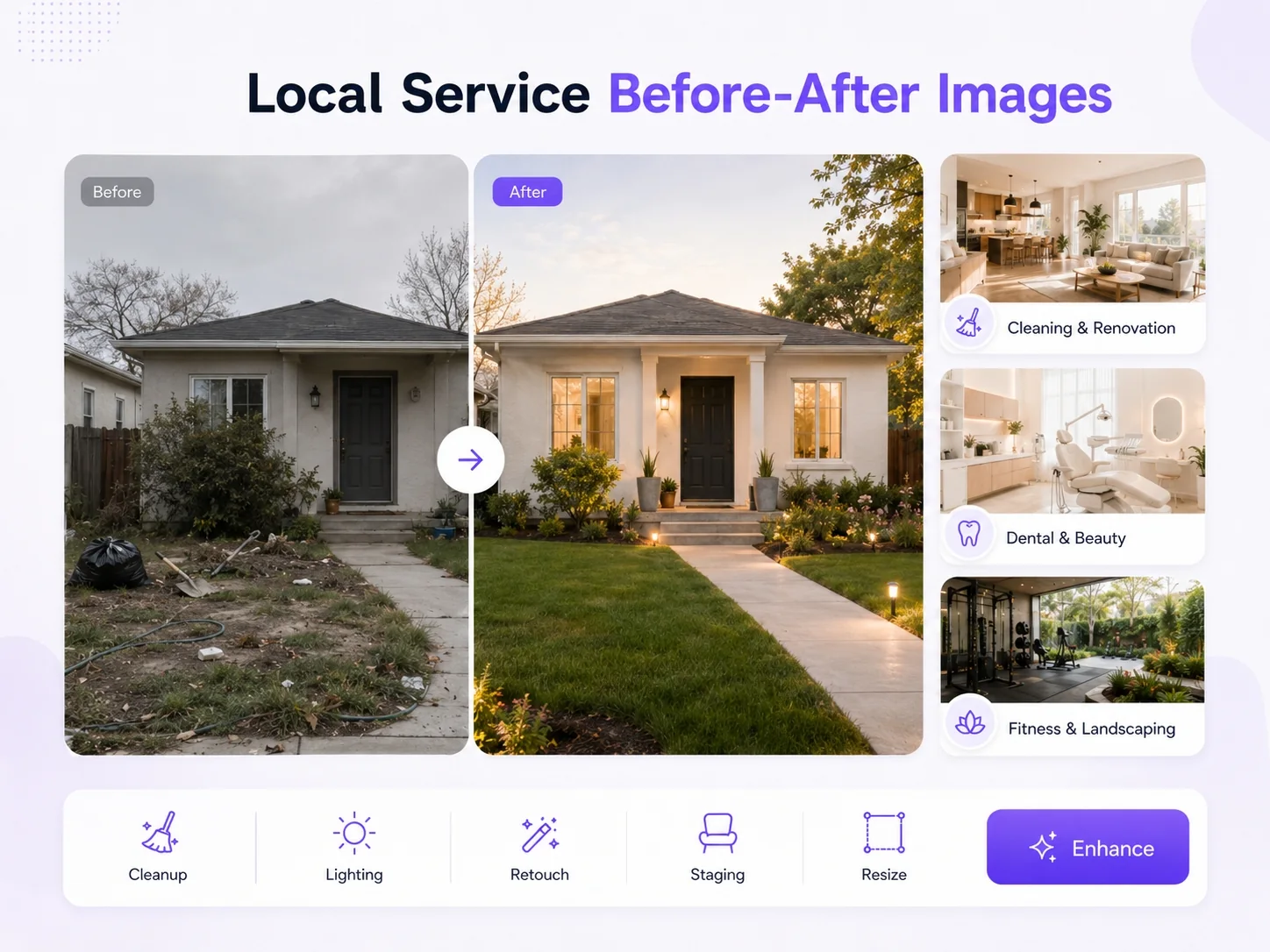 Local service before and after image editing with AI for renovation, cleaning, roofing, landscaping, dental, beauty, and fitness businesses