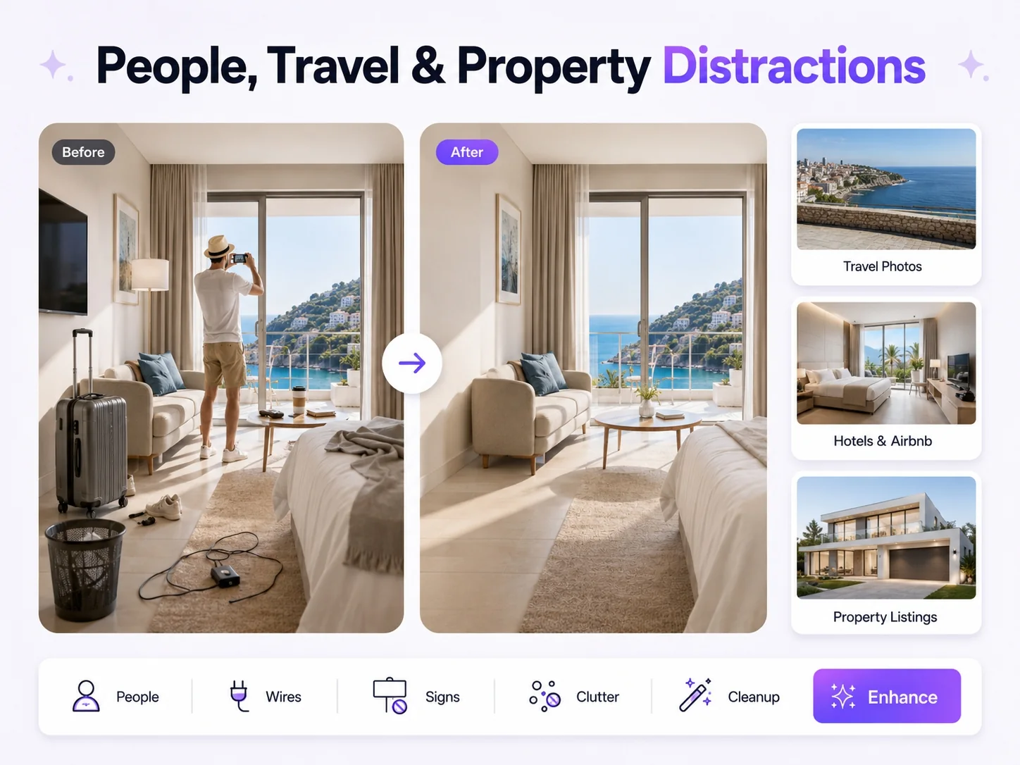 AI object remover for removing tourists, photobombers, wires, signs, clutter, and property distractions from travel, hotel, Airbnb, and real estate photos