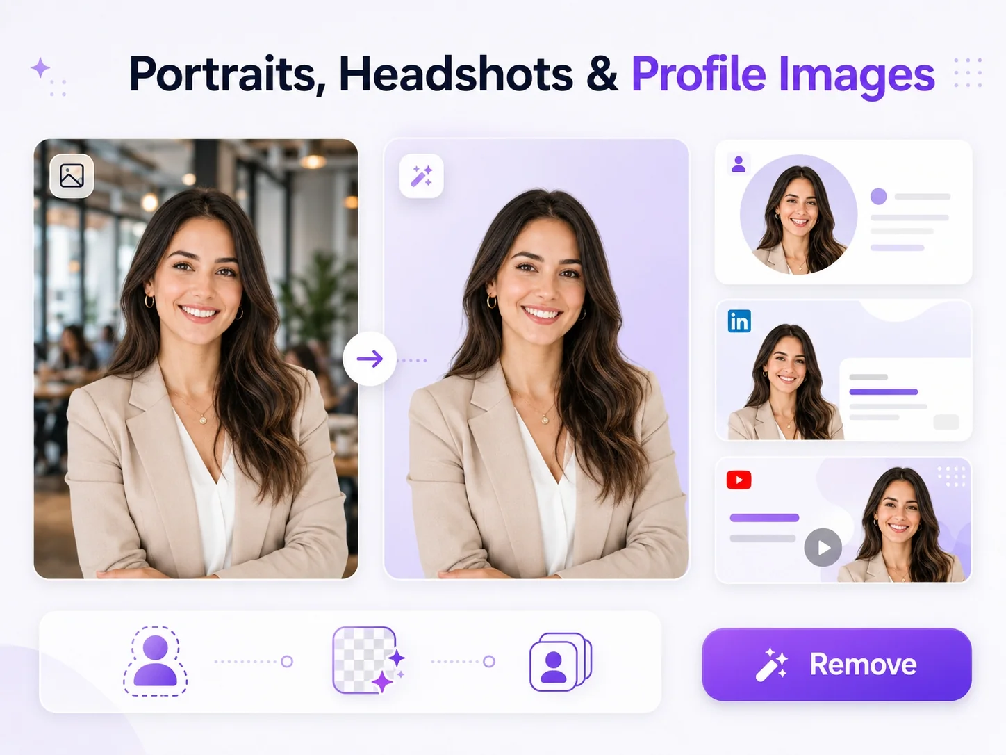 AI background remover for portraits, headshots, profile photos, team page images, social avatars, LinkedIn photos, YouTube thumbnails, and presentation assets