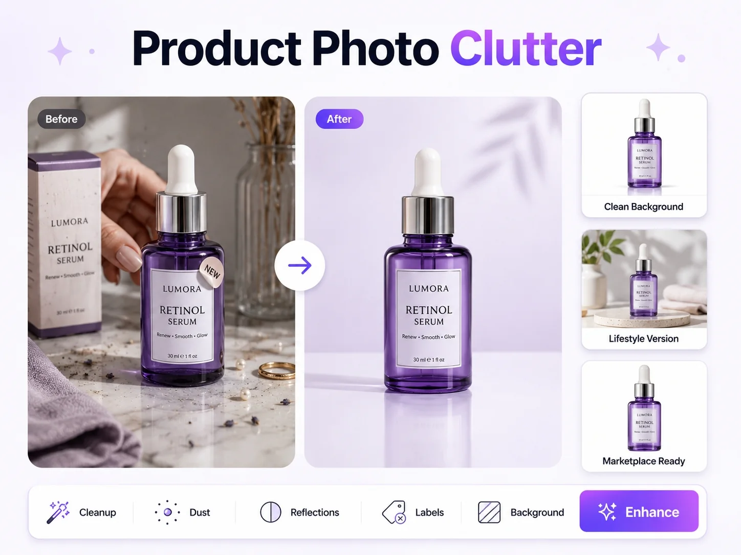 AI object remover for cleaning product photo clutter for Shopify, Amazon, TikTok Shop, ads, and marketplace listings