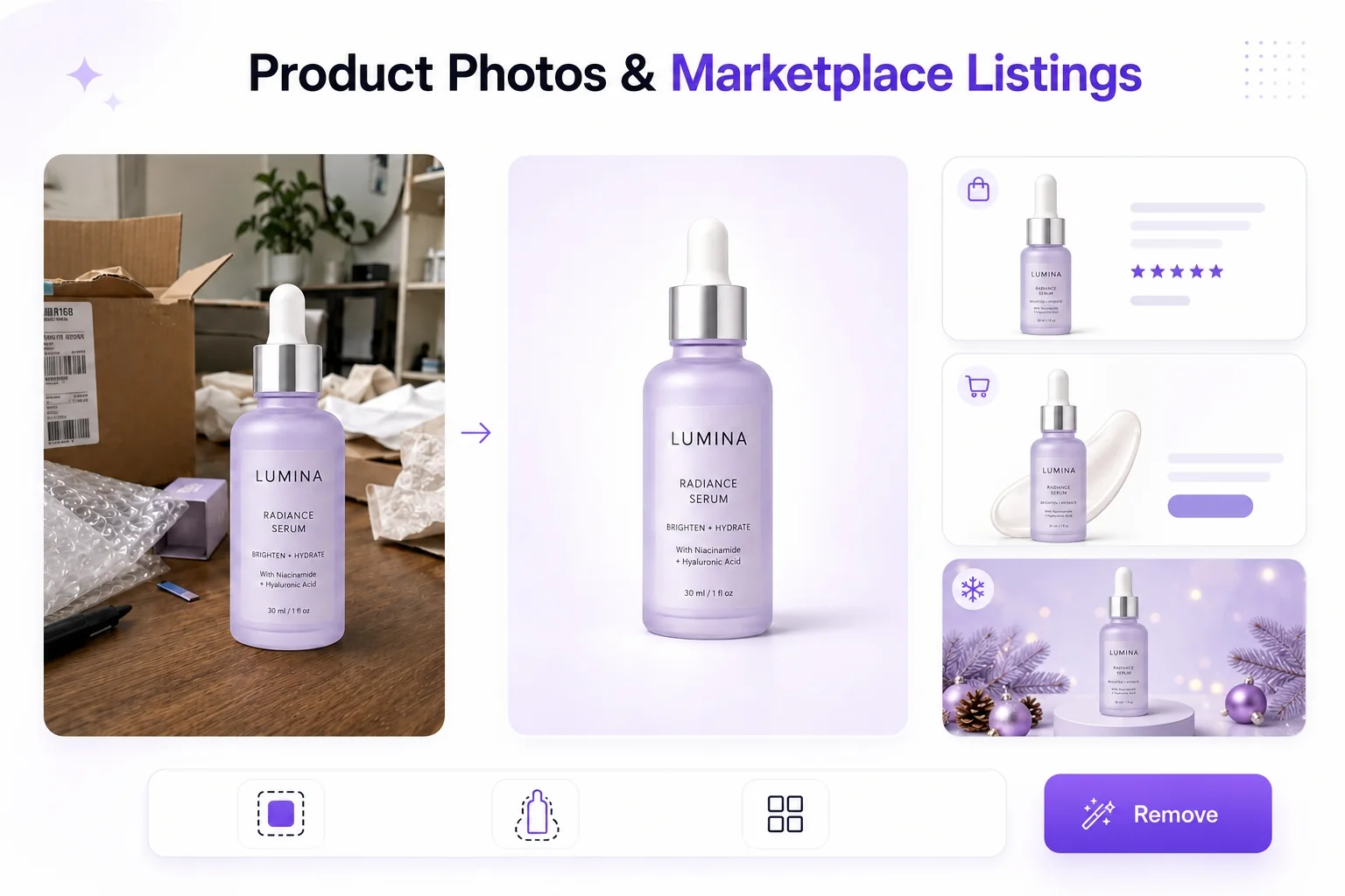 AI background remover for product photos and marketplace listings for Shopify, Amazon, TikTok Shop, Etsy, catalogs, ads, and seasonal campaigns