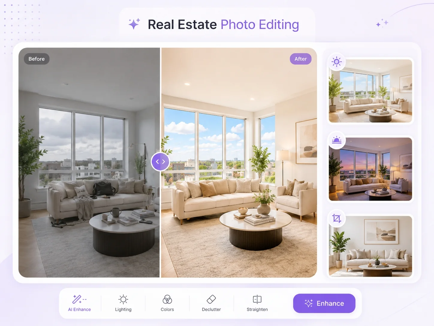 Real estate photo editing with AI for property listings and rental promotions