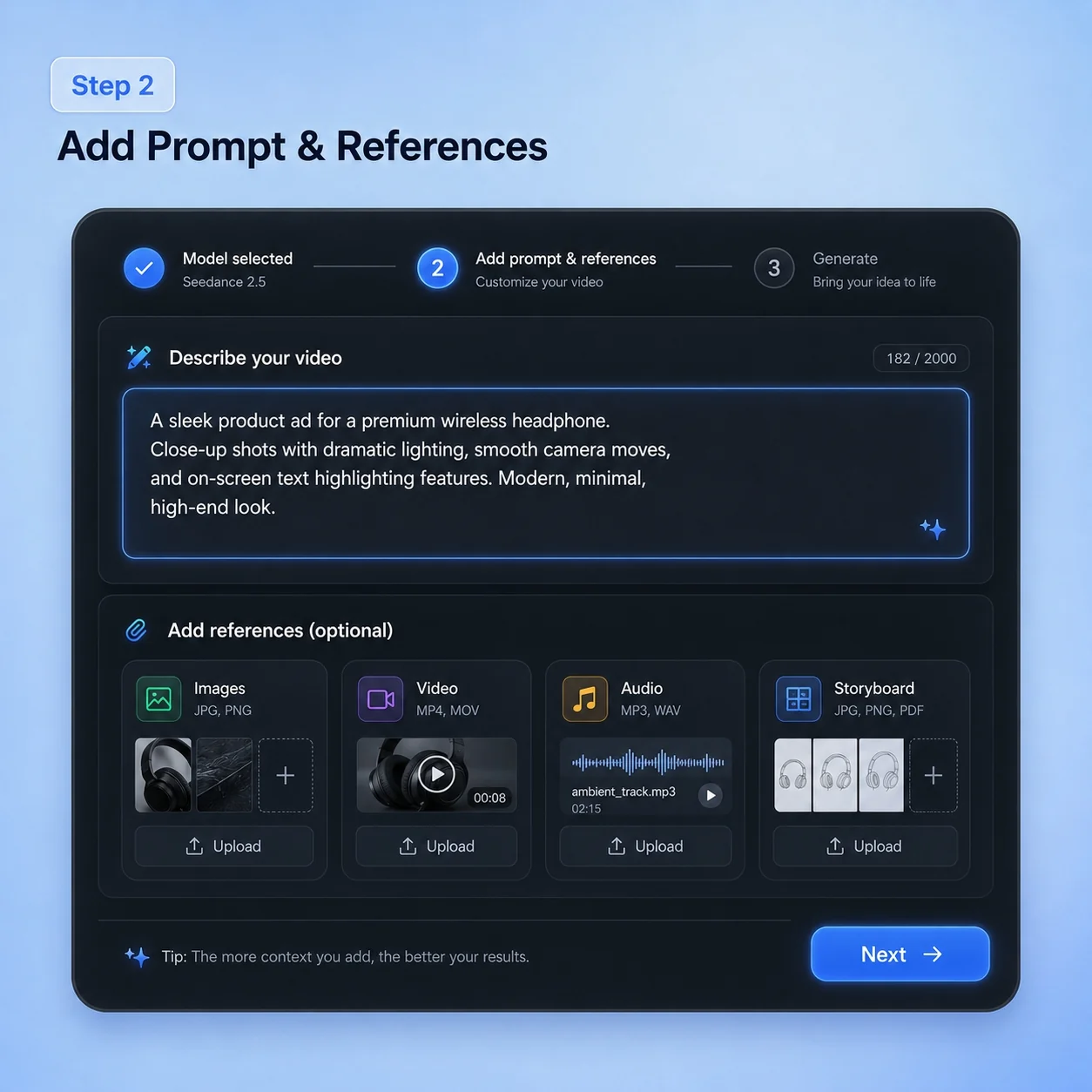 Step 2: Add prompt and multimodal references in Ima Studio for Seedance 2.5 30-second AI video generation