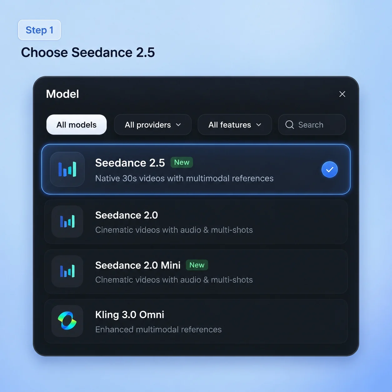 Step 1: Choose Seedance 2.5 model in Ima Studio to create 30-second AI videos with multimodal references