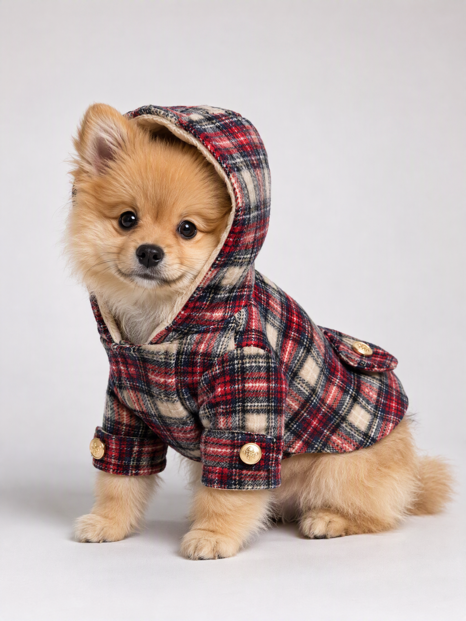チェック柄のペット用コートを着た子犬