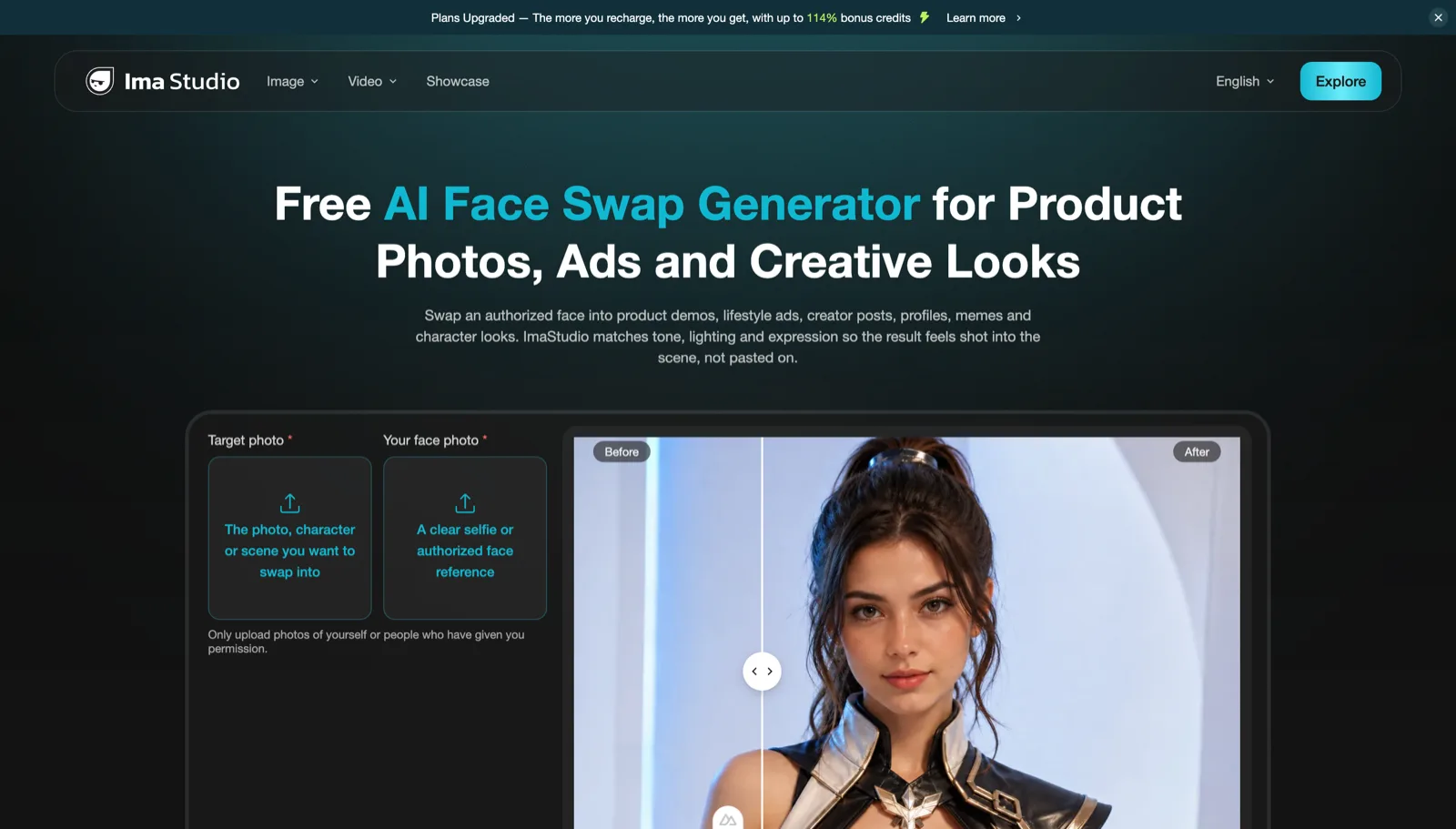 ImaStudio AI Face swap Generator のページスクリーンショット（商品写真広告およびクリエイティブな外観用）