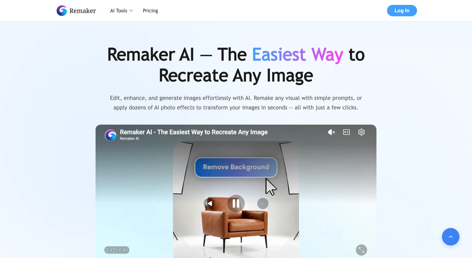 画像再現ツールとAI写真編集ツールを示すRemaker AI画像エディターのホームページのスクリーンショット