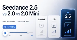 Seedance 2.5 vs 2.0 vs 2.0 Mini : image de couverture d'un test commercial réel de 30 secondes