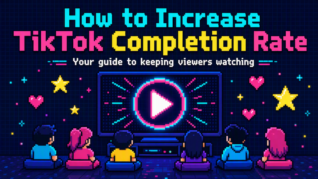 再生ボタンが表示されている、TikTokの完了率を上げる方法というタイトルのピクセルアートのスライド